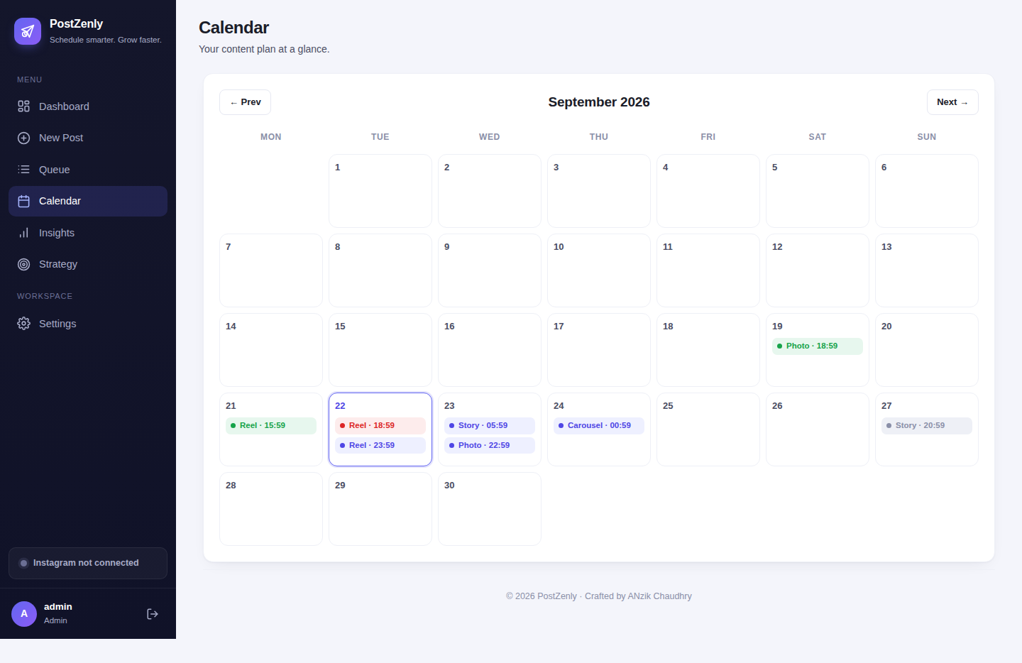 Multi-client content calendar in PostZenly