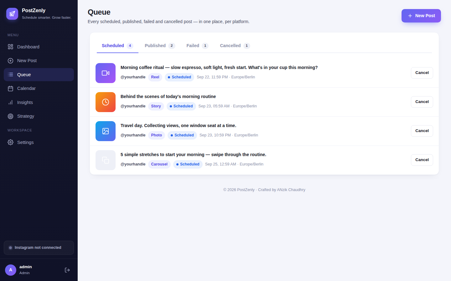 PostZenly approval queue with client review states